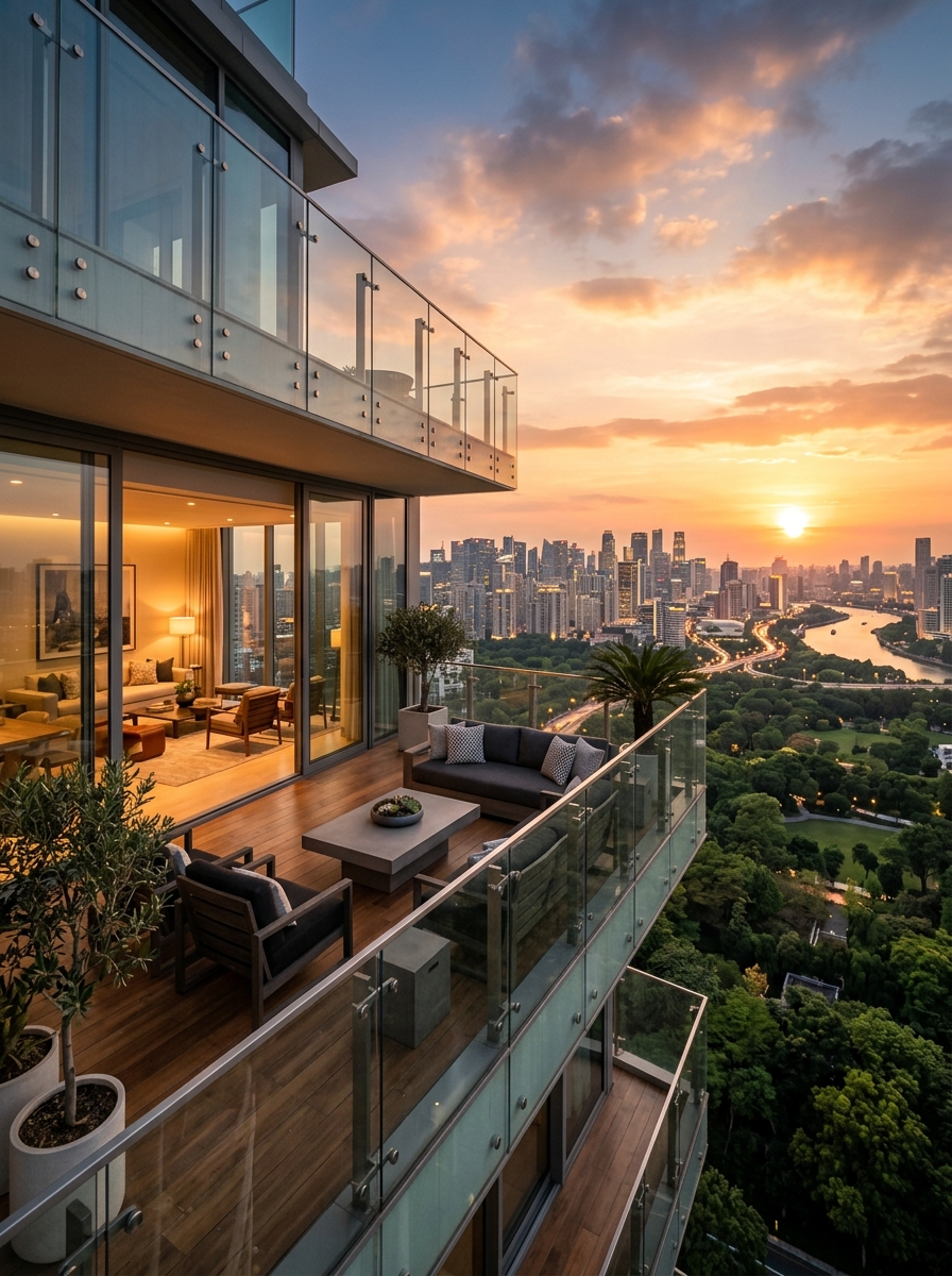 Real estate luxury skyscraper balcony at golden hour